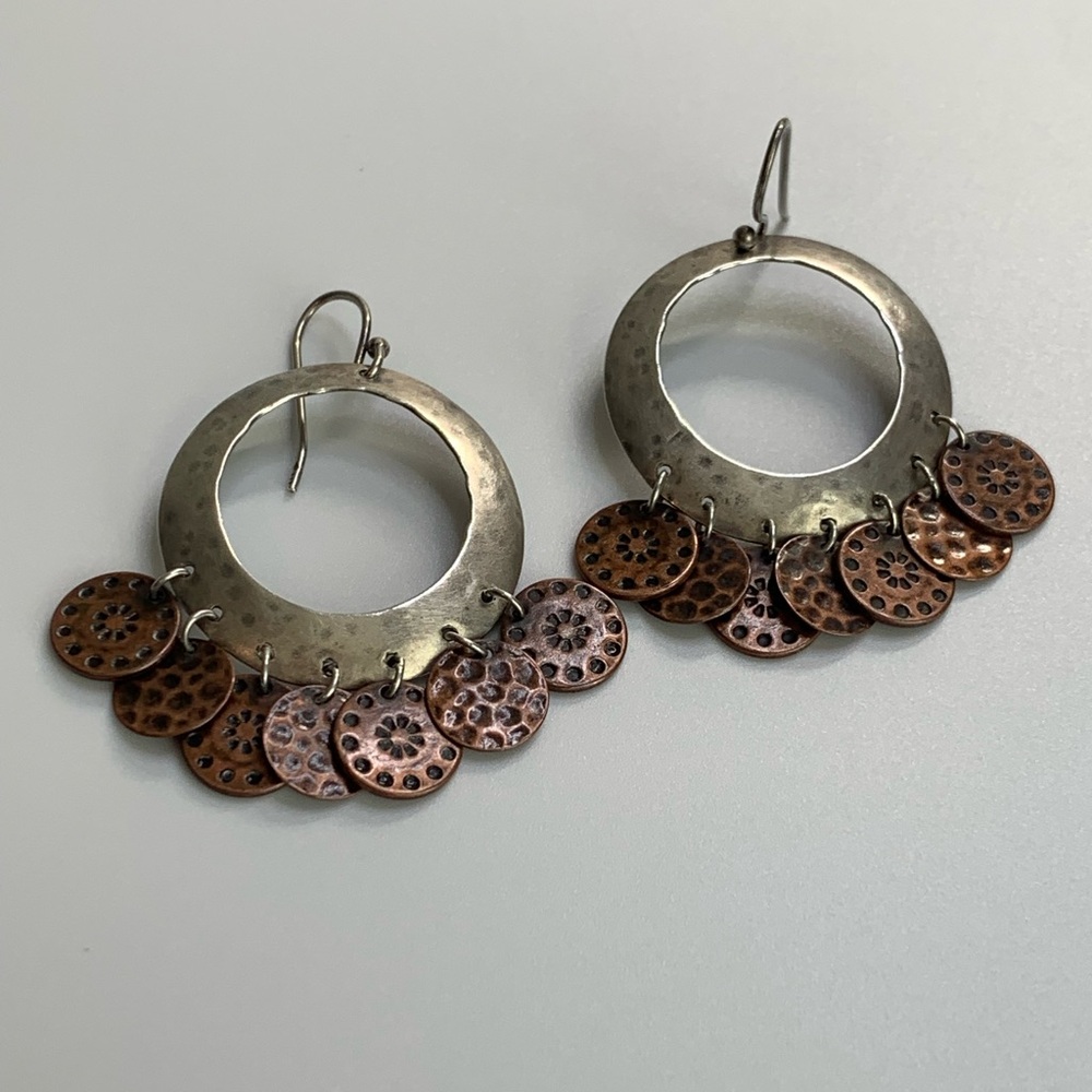 Silpada Vintage HTF Sterling Silver & Copper Coin ChaCha Hoop Frch Wire Earrings